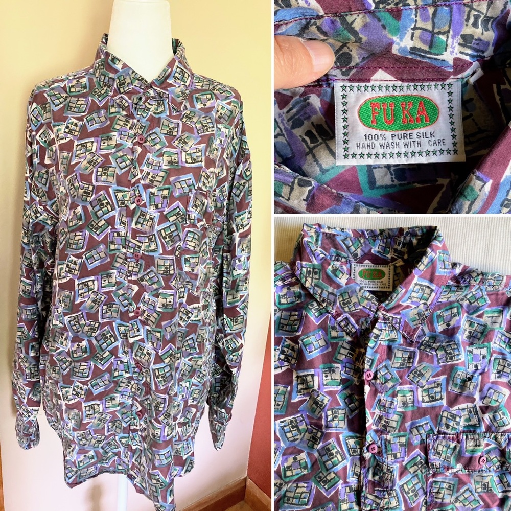 Vintage Men’s Unisex 100% Silk FUKA button down shirt Size Medium